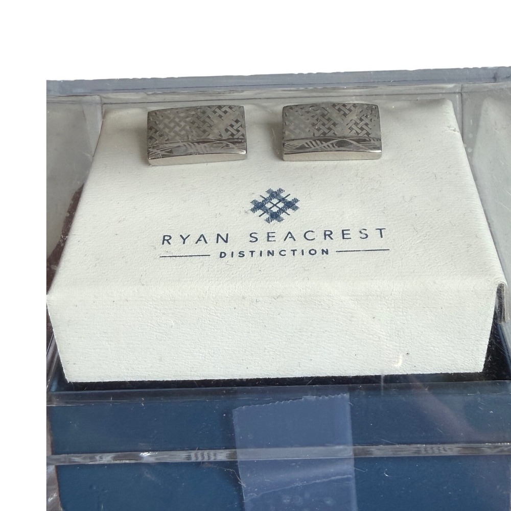 NEW‎ Ryan Seacrest Distinction Mens Silver Tone Textured Weave Rectangular Cuffs